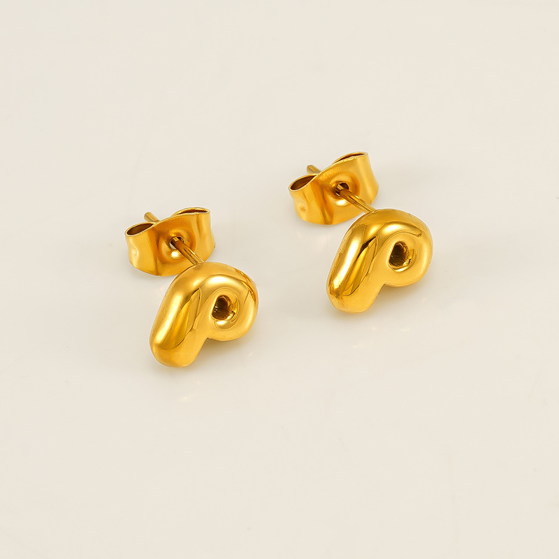 Gold color / 1 Pair Simple Series Elegant Letter P Titanium Steel  Gold Color Women's Stud Earrings Picture16